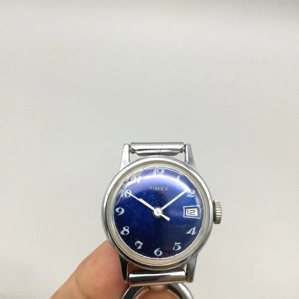 Vintage Timex Womens Watch 24mm Blue Dial Date Silver Tone Manual Wind 6.5